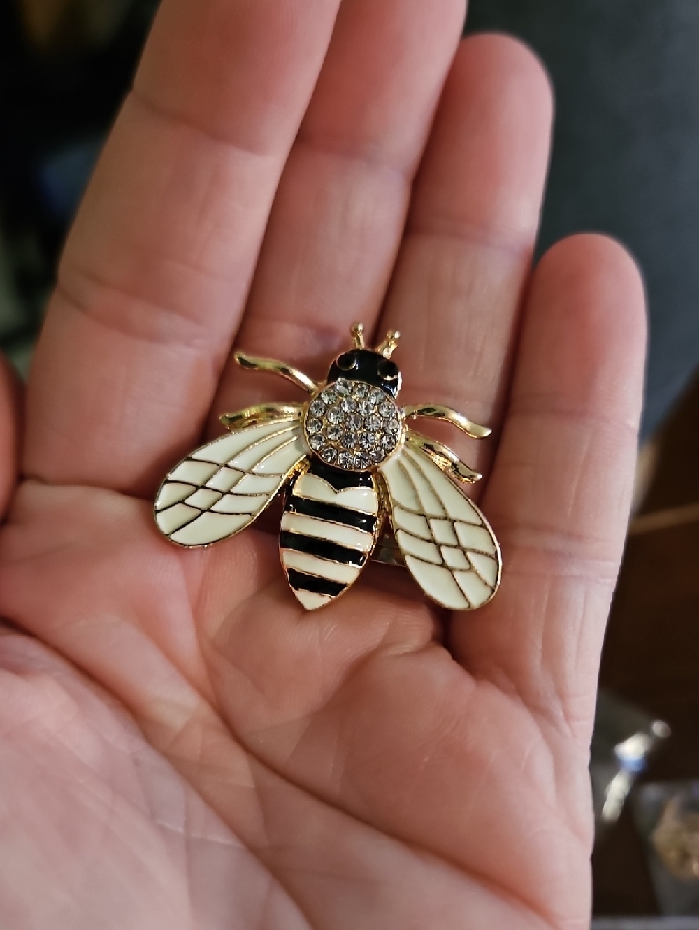 Gold Bee Brooch with White and Black Enamel Wings - Designer-Inspired